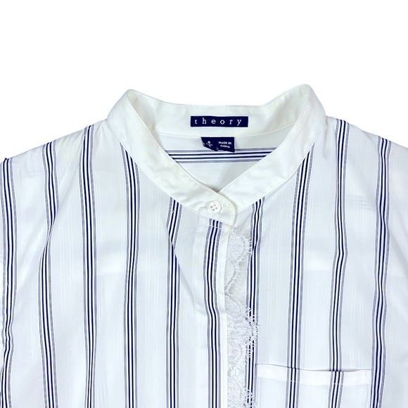 Theory Women’s Small White Blue Striped Button Up Lace Trim Blouse - Picture 4 of 9
